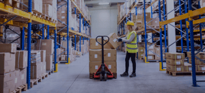 Banner image of person in warehouse with a pallet of boxes, for Routeique blog on warehouse optimization
